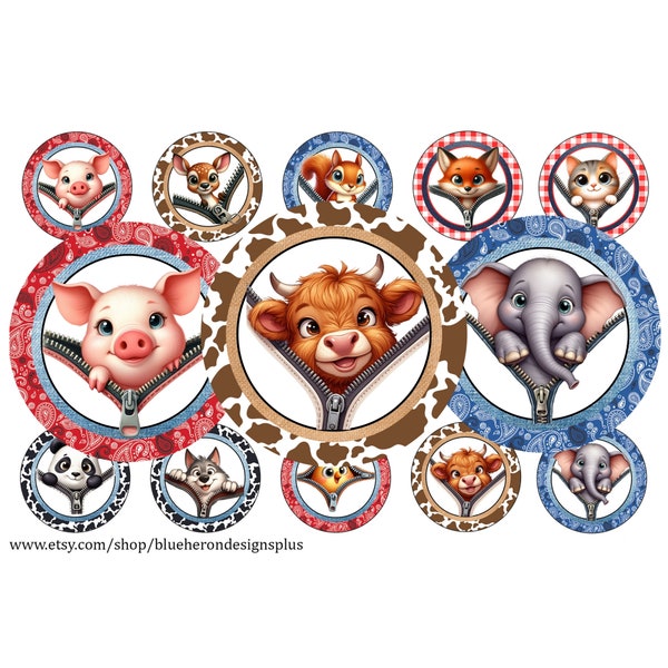 Cute Zipper Peeking Animals -1 inch Bottle Cap Images- Buy 3 get 1 Free- Read Directions- 4x6 sheet with 15 images-25MM -Digital Download