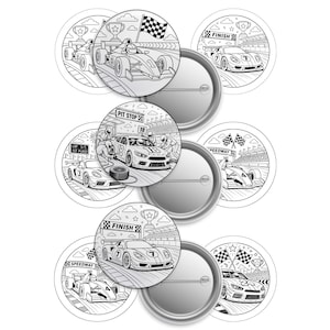 May include: A collection of circular pin-back buttons featuring black and white line art illustrations of race cars, pit stops, and finish lines. Each button displays detailed racing scenes with chequered flags, trophies, and numbered vehicles.