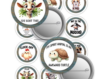 Sassy Fun Animal Jokes-2.25-Button Pin-Buy 3 get 1 Free-See Direction-12 Imagens-Digital-PNG&JPEG Cut Line 2.63-Image 2.063 Button Pinbacks