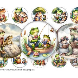 May include: A set of 12 round, colorful, illustrated frog themed buttons. The buttons feature frogs in various poses, including reading, fishing, and playing music. The buttons are perfect for adding a touch of whimsy to any project.