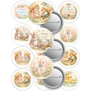 Puede incluir: Un conjunto de botones redondos con ilustraciones de temática de Pascua en colores pastel. Los diseños incluyen conejos, ardillas, corderos y pollitos, con textos como "Happy Easter" y "A lot can happen in Three Days."
