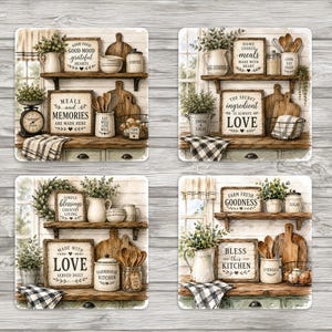May include: Four square kitchen-themed prints with rustic decor. Each print features wooden shelves with kitchenware, plants, and framed signs with phrases like "Good Food, Grateful Hearts" and "Meals and Memories." The prints have a farmhouse aesthetic.