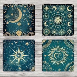 Celestial Sublimation 4 x 4 polegadas Quadrado Coasters | 1 JPEG 8.5x11 Temp Pronto para Imprimir | 4 PNG Individuais | Download Instantâneo | Imagem de Sublimação