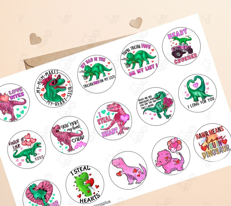 May include: A set of 12 round stickers featuring various dinosaur illustrations with Valentine's Day themed messages. The stickers are printed on white paper with a glossy finish. The dinosaurs are depicted in various colors, including pink, green, and red. The messages include "Love Bites", "My Mom Makes My Heart-Saur", "My Dad is the Triceratops on My List", "You're Triceratops on My List", "Heart Crusher", "You Make My Heart Saur", "I Steal Hearts", "Roses are Red Dinosaurs Roar You are the One That I Adore", "I Long for You", "Rawr Means I Love You in Dinosaur".