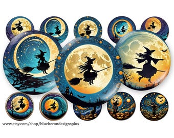 Volle maan heks Halloween-1 inch flesdop afbeeldingen-JPEG-PNG-4 x 6 vel-15 afbeeldingen. Digitale download: 25 mm
