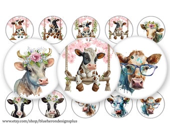 May include: Twelve round, white, printable stickers featuring various illustrations of cows. Some cows are wearing flowers, glasses, or sitting on a swing. The stickers are perfect for adding a touch of whimsy to any project.