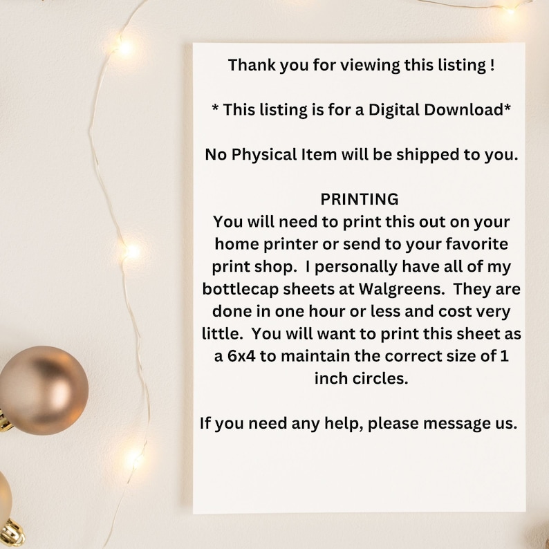 May include: A white card with black text explaining that this listing is for a digital download and that no physical item will be shipped. The text also explains how to print the digital download and the recommended size to print the sheet.