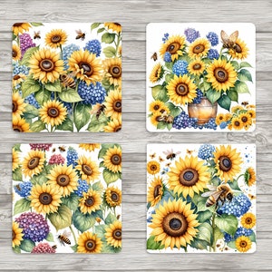 Sunflowers, Hydrangeas&#39;, Bees - 4x4 Inch Square Coasters-Digital Download-Jpeg & PNG Files included-Coasters-Junk Journal-Scrapbooking-Cards