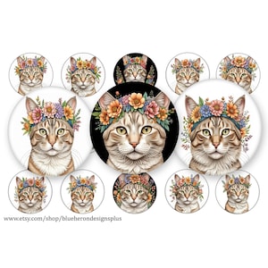 Beautiful Cats with Flower Headbands-1 inch Bottle Cap- Buy 3 get 1 Free- Direction Below, 4x6 sheet-15 Images. Digital Download, JPEG-25MM