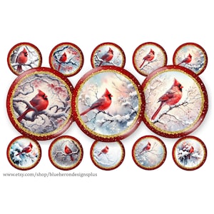 Cardinaux d'hiver - Oiseau d'hiver - Oiseau rouge - Bouchon de bouteille de 2,5 cm, achetez-en 3, obtenez-en 1 GRATUITEMENT, 15 images sur feuille 4 x 6. Téléchargement numérique.  JPEG et PNG-25 mm