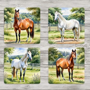 May include: Set of four square coasters featuring watercolor paintings of horses in a field. The horses are depicted in various colors, including brown, white, and chestnut. Each coaster showcases a different horse with a backdrop of green trees and a white fence.