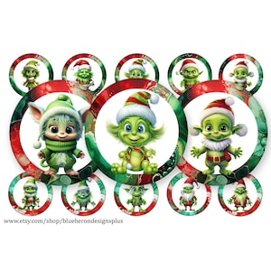 Green Gnome Christmas Grinch ,1 Inch Bottle Cap Images-Buy 3 get 1 Free- Read Directions Below- 15 1in Circles on 4x6 sheet. JPEG & PNG-25MM