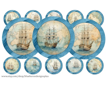 Ships at Sea-afbeeldingen flesdop 1" - nautisch thema (digitale download)