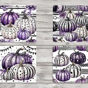 Posavasos cuadrados de calabazas (morado, negro y blanco, 4 x 4 pulgadas) - Descarga digital - Archivo JPEG incluido - Posavasos - Diario basura - Tarjetas para scrapbooking