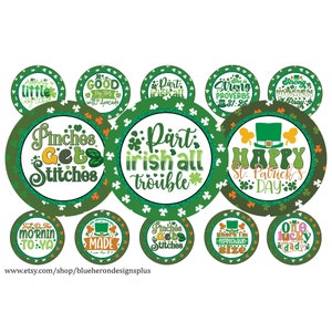 May include: A set of 10 green and orange round stickers with Irish sayings and designs. The stickers feature sayings like "Part Irish All Trouble", "Pinches Get Stitches", "Top O' The Mornin' To Ya", "One Lucky Dad", and "She is Strong Proverbs 31:25".