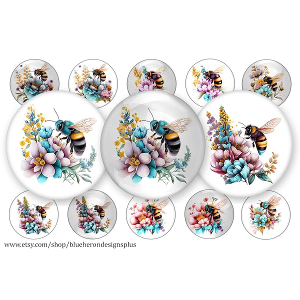 Colorful Bees and Flowers- 1 inch Bottle Cap Images- Buy 3 get 1 Free- See Directions-15 Images on a 4x6 sheet. Digital Download, JPEG&PNG