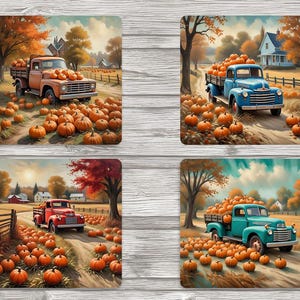 Posavasos cuadrados vintage de otoño, camiones y calabazas de 4 x 4 pulgadas - Descarga digital - Archivo JPEG incluido - Posavasos - Diario basura - Álbum de recortes