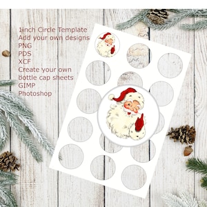 Peut inclure: Une feuille imprimable avec 12 cercles d'un pouce, idéale pour créer des designs personnalisés de capsules de bouteilles. La feuille comprend le texte "1inch Circle Template Add your own designs PNG PDS XCF Create your own bottle cap sheets GIMP Photoshop".