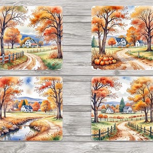 Posavasos cuadrados de 4 x 4 pulgadas &quot;Otoño en la granja&quot; - Descarga digital - Archivos JPEG y PNG incluidos - Posavasos - Diario basura - Álbum de recortes