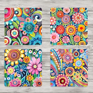 Funky bloemenonderzetter sublimatie ontwerpsjabloon: png-individuele afbeeldingen inbegrepen blauwe bloem png-jpeg (digitaal)