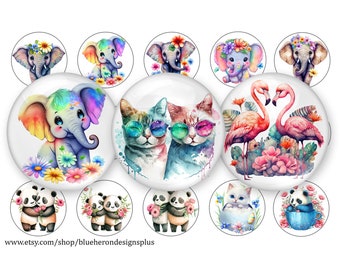 Imágenes de tapas de botellas de 2,5 cm (1 pulgada) de animales coloridos: elefante, panda, felino y gatos. Hoja de 10 x 15 cm. Descarga digital, JPEG.