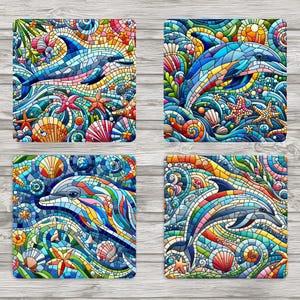 Mosaik Delfine Sublimation quadratische Untersetzer 4 x 4 Zoll | 1 JPEG 8.5x11 Temp Druckfertig | 4 einzelne PNG | Sofort Download