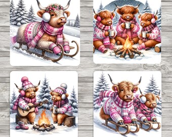 Kul med Highland Cow, rosa julsublimering, fyrkantiga underlägg, 10 x 10 cm | Digital nedladdning | JPEG-filmall ingår | 4 PNG-filer ingår