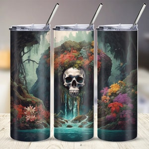 May include: Three stainless steel tumblers with lids and straws. Each tumbler features a different design of a skull in a lush, colorful jungle scene with a waterfall.