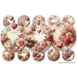 Op de afbeelding: Een set van 12 ronde, decoratieve papieren knutselversieringen met een vintage Valentijnsdagthema. De versieringen zijn versierd met rozen, harten en handschrift. De tekst bevat het woord "Valentine's".