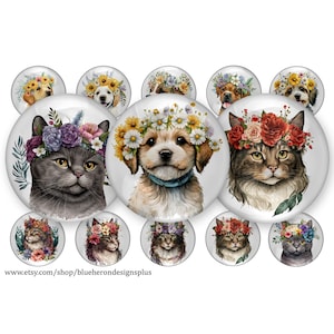 Cats and Dogs with Flower Headbands -1 inch Bottle Cap- Buy 3 get 1 Free- Direction Below, 4x6 sheet. Digital Download, JPEG & PNG
