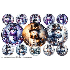 May include: Twelve round, colorful, glass ornaments featuring various snowman designs. Each ornament has a different background and features a snowman with a unique hat, scarf, and facial expression. The ornaments are perfect for adding a festive touch to any Christmas tree or holiday decor.