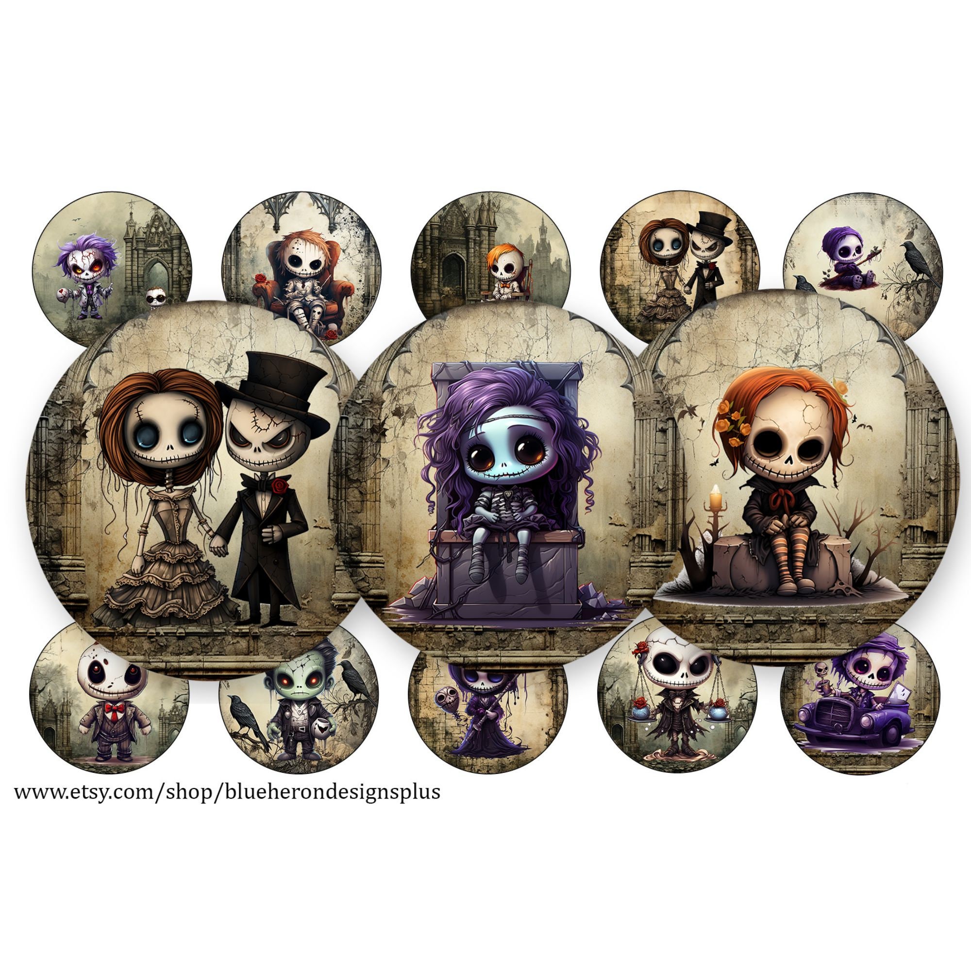 Halloween gótico - Imágenes de tapas de botella de 2,5 cm - JPEG - Compra 3 y llévate 1 gratis - Lee las instrucciones - Hoja de 10 x 15 cm - 15 imágenes. Descarga digital - 25 mm