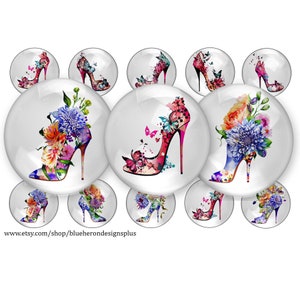 May include: Twelve colourful high heel shoe designs with floral and butterfly accents. The shoes are on a white background.
