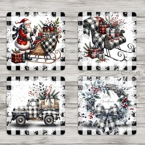 Puede incluir: Juego de cuatro posavasos cuadrados con diseños navideños. Cada posavasos presenta un borde a cuadros de búfalo en blanco y negro. Los diseños incluyen a Papá Noel con un trineo, un trineo con regalos, una camioneta vintage y una corona con un lazo.