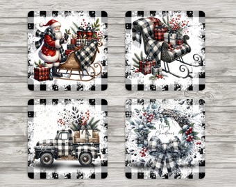 Black and White Plaid Christmas Coaster Images, 4x4 (Digital Download)