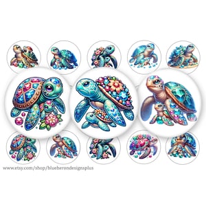 May include: A collection of round, white buttons featuring colorful illustrations of sea turtles. The turtles are depicted in various shades of blue, green, and pink, adorned with gemstones and floral accents. The text "www.etsy.com/shop/blueherondesignsplus" is visible at the bottom.