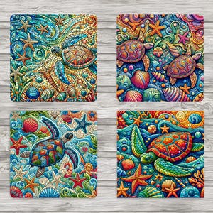 Mosaik Schildkröten, Muscheln Sublimation quadratische Untersetzer 4 x 4 Zoll | 1 JPEG 8.5x11 Temp Druckfertig | 4 einzelne PNG | Sofort Download
