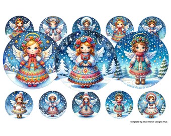 Folkart Christmas Angels 1 inch Bottle Cap | Buy 3 Get 1 FREE | See Directions Below | 15 images on 4x6 sheet | Digital Download | JPEG-PNG