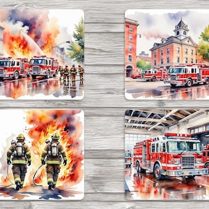 May include: Four watercolour paintings depicting firefighters and fire engines responding to a fire. The first image shows a fire engine spraying water on a building engulfed in flames. The second image shows a fire engine driving down a street with a fire station in the background. The third image shows two firefighters walking towards a large fire. The fourth image shows a fire engine parked in a fire station bay.