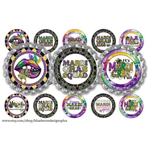 May include: Set of 12 Mardi Gras themed bottle cap stickers. The stickers feature various designs including a purple and green mask, a Mardi Gras bead necklace, and the text "Mardi Gras Squad".