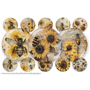 Imágenes de la Abeja Reina en tapas de botellas de 2,5 cm (1 pulgada) – Panal y Girasol (Descarga digital)