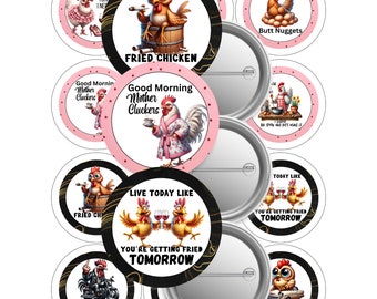 Plantilla para pin de botón de 2,25" con chistes de pollos - Diseños divertidos de pollos (Descarga digital)