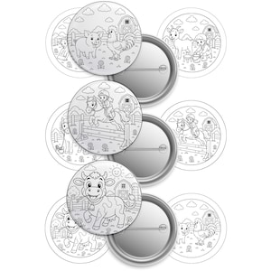 May include: A set of circular pin-back buttons featuring black and white line art illustrations of farm scenes, including a pig, a rooster, a goat, a cow, and a person riding a horse over a jump, with metal backs and pin fasteners.