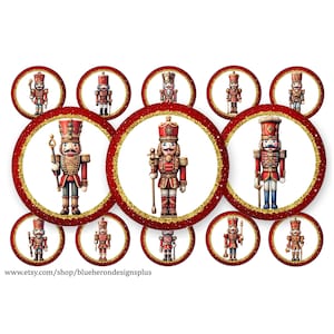 May include: Twelve red and gold round printable cupcake toppers featuring a vintage illustration of a nutcracker soldier. The toppers are perfect for a Christmas party or holiday celebration.