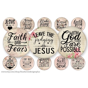 Puede incluir: Un conjunto de 12 diseños de papel digital para scrapbooking redondos, imprimibles, con citas inspiradoras sobre la fe, la esperanza y el amor. Los diseños presentan un aspecto vintage y desgastado con acentos florales y una combinación de colores rosa claro y crema. Las citas incluyen "Jesús es mi ancla", "Fe sobre miedos", "Con Dios todo es posible", "Deja el juicio a Jesús", "Está bien con mi alma", "Ejercítate a diario, camina con Jesús", "Los domingos son para Jesús y las siestas", "Mamá bendita", "Despierta, reza", "Fe, familia, amor", "No necesito suerte, tengo a Jesús", y "Jesús es el ancla de mi alma".