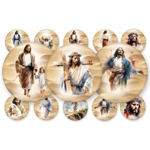 Puede incluir: Un collage de 12 imágenes circulares con pinturas de acuarela de Jesucristo en varias poses y escenarios. Las imágenes están sobre un fondo beige.