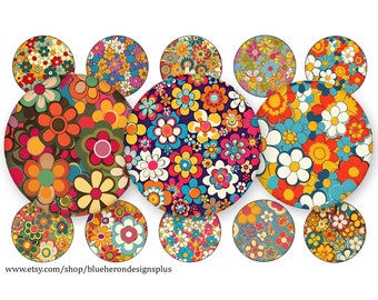 Retro Colorful Flower Power - Immagini di tappi di bottiglia da 1 pollice - Foglio 4x6, 15 immagini da scaricare digitalmente, JPEG e PNG - 25 mm