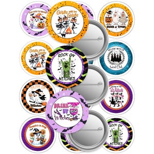 Peut inclure: Ensemble de badges à épingle sur le thème d'Halloween. Les badges présentent divers motifs, notamment des sorcières, des fantômes, des citrouilles et des phrases comme "Rock On Witches" et "Drink Up Witches". La palette de couleurs comprend l'orange, le violet, le noir et le blanc.