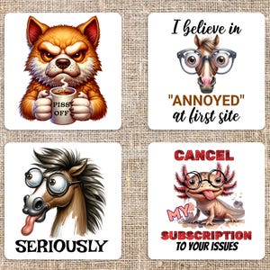 Posavasos cuadrados de 4 x 4 pulgadas con sublimación de animales divertidos y atrevidos - Descarga digital - Archivo JPEG incluido - Posavasos - Diario basura - Scrapbooking - Tarjetas
