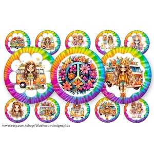 Hippie Express-vredesafbeeldingen 1 inch kroonkurkafbeeldingen - koop 3 krijgt 1 gratis - lees routebeschrijving paddenstoelen - 4 x 6 vel met digitale download, jpeg-png